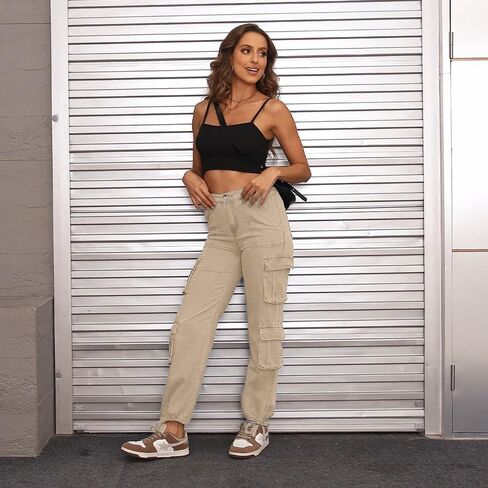Women's Cargo Pants High Waisted Baggy Cargo Jeans Straight Leg Y2K Streetwear Trousers 8 Pockets for Women in Saudi Arabia