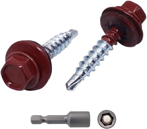 (Pack of 50 pcs) Metal Roofing Screws, 3/16 x 1-3/8 (4.8 x 35 mm) Painted Self-Drilling Screws with EPDM Washers, Sheet Metal Hex Screw, Oxide Red RAL 3009 in Saudi Arabia
