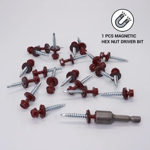 (Pack of 50 pcs) Metal Roofing Screws, 3/16 x 1-3/8 (4.8 x 35 mm) Painted Self-Drilling Screws with EPDM Washers, Sheet Metal Hex Screw, Oxide Red RAL 3009 in Saudi Arabia