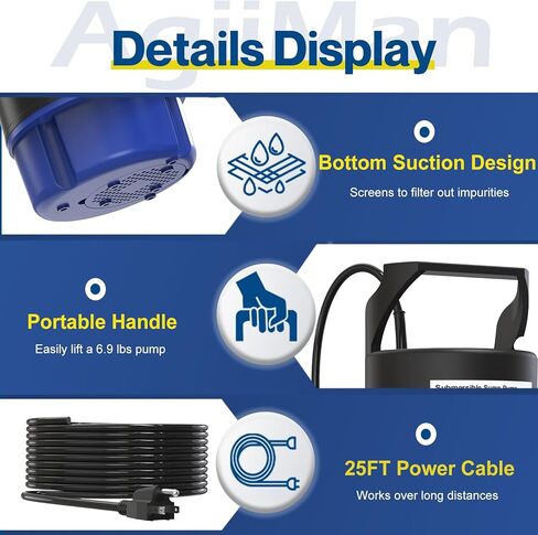 AgiiMan Submersible Water Pump, 2060GPH 1/2HP Portable Sump Pump for Pool Draining, Pool Cover Pump with 25 FT Power Cord for Basements Pool Fountains Garden, Blue in Saudi Arabia