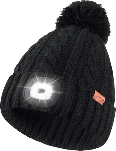 YunTuo Unisex LED Beanie with Pom-Pom, USB Rechargeable Headlamp Hat Stocking Cap Stuffers Gifts for Men Women in Saudi Arabia