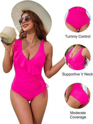 BMJL Women's One Piece Swimsuit Tummy Control Drawstring Bathing Suit Ruffle V Neck Swim Suits in Saudi Arabia