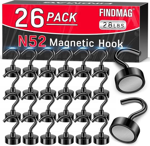 FINDMAG 28 LBS خطافات مغناطيسية سوداء شديدة التحمل، خطافات مغناطيسية نيوديميوم، خطافات مغناطيسية قوية للتعليق، مغناطيس مع خطافات للمنزل والمطبخ ومكان العمل والمكتب (26 حزمة) in Saudi Arabia