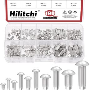 Hilitchi 190Pcs M2 M2.5 M3 M4 M5 Round Head Solid Rivets Knurled Shanks 304 Stainless Steel Solid Rivet Fasteners Semi-Round Head Solid Rivets Knurled Shanks for Repairing Boats Furniture