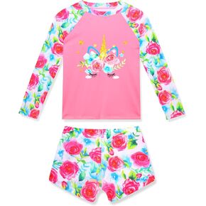 Girls Rash Guard Swimsuit Long Sleeve Bathing Suits Two Piece Summer Beach Swimwear