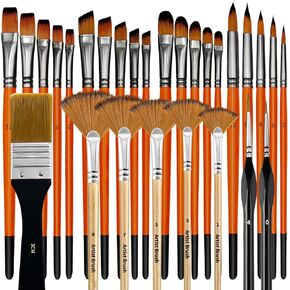 Bougimal 32 Pieces Paint Brush Set, Artist Upgrade Series, Nylon Bristles with Round, Filbert, Flat, Fan, Angle, Fine Detail Brush, Suitable for Acrylic Painting, Oil, Watercolor(Birch Wood Handle)