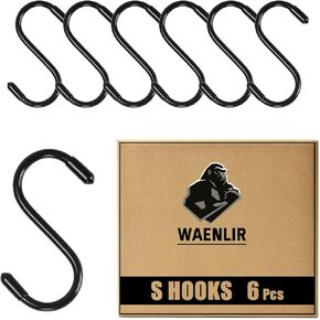 WAENLIR 3INCH 6 Pack S Hooks for Hanging Heavy Duty, Rubber Coated Black S Hooks, Non Slip Metal Hooks for Hanging Plants, Closet, Garden, Pot Pan Cups Jeans,
