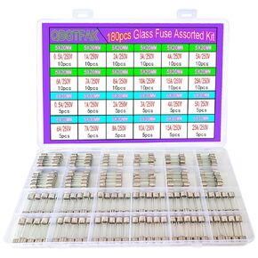 24 Values 180pcs Quick Blow Glass Tube Fuse Assorted Kit 250V 0.5A 1A 2A 3A 4A 5A 6A 7A 8A 10A 15A 25A 6x30mm, 250V 0.5A 1A 2A 3A 4A 5A 6A 7A 8A 10A 15A 25A 5x20mm (5x20mm and 6x30mm)