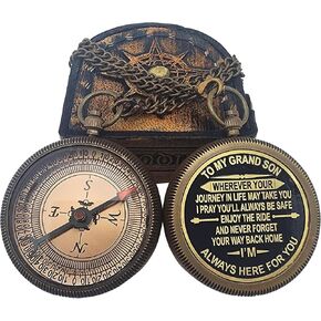to My Grand Son Engraved Compass with Authentic Leather Case Brass Compass Directional Compass, Baptism Gifts for Boys & Girls, First Communion (BLC3)