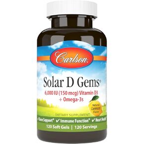 Carlson - Solar D Gems, Vitamin D3 and Omega-3 Supplement, 6000 IU (150 mcg) Vitamin D3, 115 mg Omega-3s EPA and DHA Supplement, Wild Caught, Sustainably Sourced, Lemon, 120 Softgels