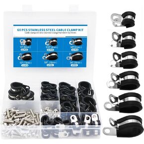 Stainless Steel Cable Clamp 60pcs 1/4"5/16"3/8"1/2"5/8"3/4" Pipe Clamps,304 Stainless Steel Rubber Clamp,Metal Clamp