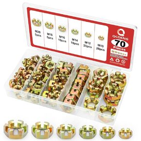 70pcs Hexagon Slotted Nuts, Carbon Steel Hex Slotted Castle Nut for Furniture Fasteners Repair (M10 M12 M14 M16 M18 M20)