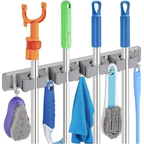 Broom Holder Wall Mount,Extended Broom Holder and Mop Hanger- 4 Adjustable Silicone Anti - Slip Racks and 5 Hooks for Garage, Kitchen, Bathroom, and Garden Tools (2 Pack)