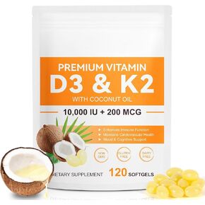 120 Softgels Vitamin D3 K2 10000IU 200MCG - Coconut Oil - Support Immune, Joint, Bone, Heart Health - Maintains Cardiovascular Health - Superior Absorption- Easy to Swallow