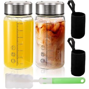 2 Pack Wide Mouth Glass Bottles with Lids, 12 Oz Glass Water Drinking Bottles with Capacity Marker, Leakproof Juice Bottle Containers for Milk, Juicing, Beverage