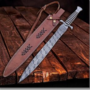 Damascus Sword | Handmade Damascus Viking Sword with Leather Sheath | Hunting Sword Medieval Sword 3747