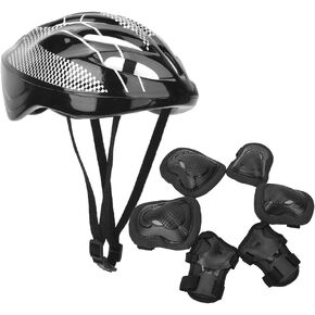BORDSTRACT Skateboard Protection Gear, 7pcs Adult Roller Skates Guard Set with Knee Pads Elbow Pads Helmet Gloves, for Multi Outdoor Sports, Scooter, Skateboarding(Black)