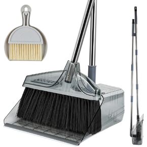 Broom with Dustpan Combo Set, Broom and Dustpan Set with Long Handle, Kitchen Broom Dust Pan and Brush Set, Standing Dustpan and Black Broom for Sweeping Indoor Outdoor Home Office Lobby Floor
