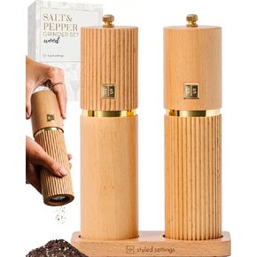 Styled Settings White and Black Salt and Pepper Grinder Set with Gold Accents – Set of Two Refillable Wooden Manual Grinders with Adjustable Ceramic Mills & Matching Wooden Stand - Ideal for Gifting