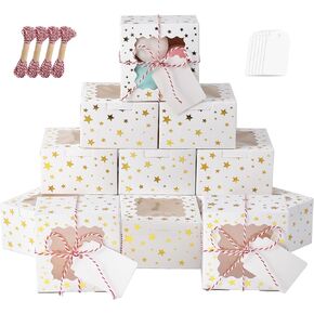 36pcs Christmas Cookie Boxes with Window，6x6x3in Bakery Boxes for Cookies, Xmas Gold Foil Star Treat Boxes for Gift Giving，Cookie Tins Pastry Dessert Cupcakes Candy Donut Packaging