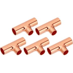 PATIKIL 5/16" x 1/4" x 5/16" ID Reducing Tee Copper Fitting, 5pcs 99.9% 3 Way Pure Copper Pipe Tube Connector Adapter Reducer with Sweat Solder Connection