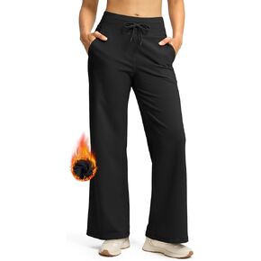 SANTINY Women's Fleece Wide Leg Sweatpants 29" Straight Leg Lined Pants Casual Lounge Winter Warm Sweat Pants with Pockets