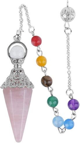 Rockcloud Natural Rose Quartz Crystal Pointed Pendulum with 7 Chakra Stone Beads Chain, 6 Facet Reiki Chakra Pendant for Divination Dowsing in Saudi Arabia