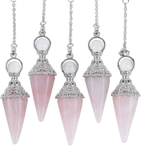 Rockcloud Natural Rose Quartz Crystal Pointed Pendulum with 7 Chakra Stone Beads Chain, 6 Facet Reiki Chakra Pendant for Divination Dowsing in Saudi Arabia