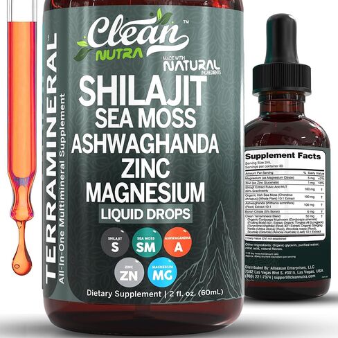 Shilajit Liquid Drops with Sea Moss, Ashwagandha, Zinc, Magnesium, Liquid Vitamins for Women and Men - Terra Mineral by Clean Nutra in Saudi Arabia