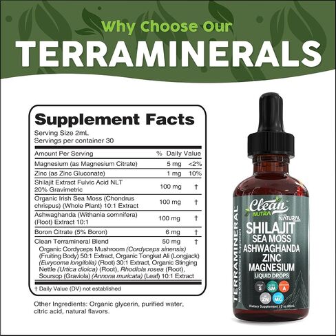 Shilajit Liquid Drops with Sea Moss, Ashwagandha, Zinc, Magnesium, Liquid Vitamins for Women and Men - Terra Mineral by Clean Nutra in Saudi Arabia