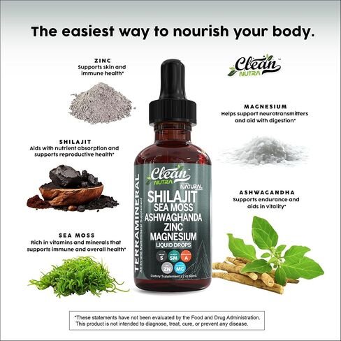 Shilajit Liquid Drops with Sea Moss, Ashwagandha, Zinc, Magnesium, Liquid Vitamins for Women and Men - Terra Mineral by Clean Nutra in Saudi Arabia