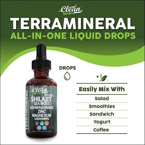 Shilajit Liquid Drops with Sea Moss, Ashwagandha, Zinc, Magnesium, Liquid Vitamins for Women and Men - Terra Mineral by Clean Nutra in Saudi Arabia