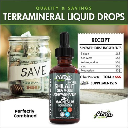 Shilajit Liquid Drops with Sea Moss, Ashwagandha, Zinc, Magnesium, Liquid Vitamins for Women and Men - Terra Mineral by Clean Nutra in Saudi Arabia