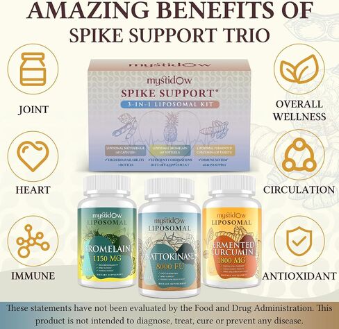Spike Support Trio | Liposomal Nattokinase 8000 FU 500mg, Bromelain 1150 mg & Fermented Curcumin 1800 mg | High Potency, Enhanced Absorption Formula | for Immune, Heart & Circulation | 60 Day Supply in Saudi Arabia