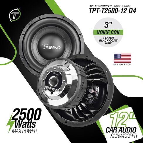 Timpano 12" Sub D2 2500 Watts Max Power Dual 2 Ohm، 12 بوصة مضخم صوت السيارة 23.5 مم ارتفاع Xmax، TPT-T2500-12 D2، ملف صوتي 3 بوصة، مكبر صوت فرعي منافس لأنظمة صوت السيارة (مفرد) in Saudi Arabia