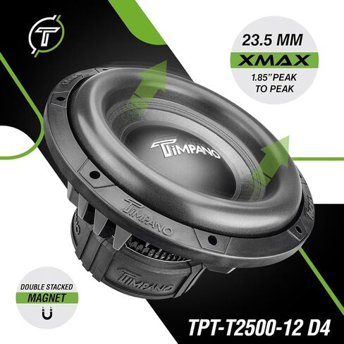 Timpano 12" Sub D2 2500 Watts Max Power Dual 2 Ohm، 12 بوصة مضخم صوت السيارة 23.5 مم ارتفاع Xmax، TPT-T2500-12 D2، ملف صوتي 3 بوصة، مكبر صوت فرعي منافس لأنظمة صوت السيارة (مفرد) in Saudi Arabia