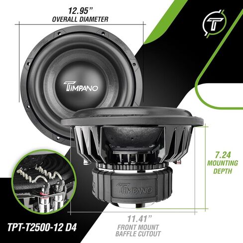 Timpano 12" Sub D2 2500 Watts Max Power Dual 2 Ohm، 12 بوصة مضخم صوت السيارة 23.5 مم ارتفاع Xmax، TPT-T2500-12 D2، ملف صوتي 3 بوصة، مكبر صوت فرعي منافس لأنظمة صوت السيارة (مفرد) in Saudi Arabia