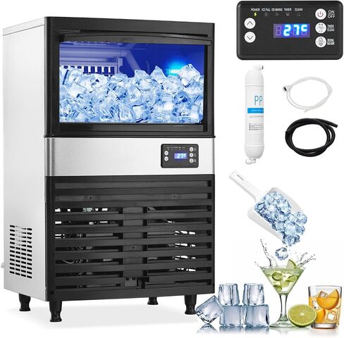 Commercial Ice Maker Machine, 120lbs/24H with 26 Lbs Stainless Steel Under Counter Ice Storage Capacity, Led Digital Display Freestanding Ice Maker for Restaurant Home Bar Office, 2 Water Inlet Modes in Saudi Arabia