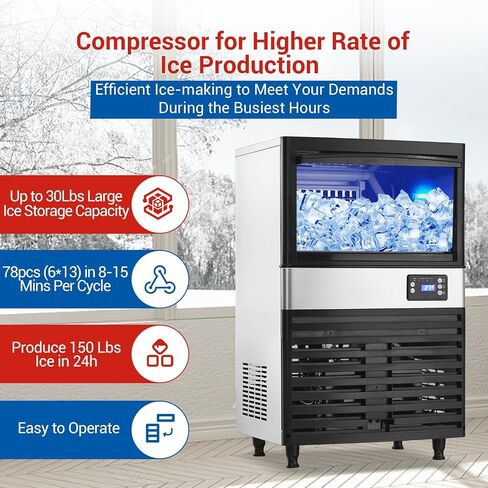 Commercial Ice Maker Machine, 120lbs/24H with 26 Lbs Stainless Steel Under Counter Ice Storage Capacity, Led Digital Display Freestanding Ice Maker for Restaurant Home Bar Office, 2 Water Inlet Modes in Saudi Arabia