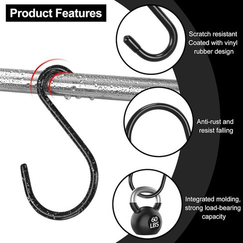 WAENLIR 3INCH 6 Pack S Hooks for Hanging Heavy Duty, Rubber Coated Black S Hooks, Non Slip Metal Hooks for Hanging Plants, Closet, Garden, Pot Pan Cups Jeans, in Saudi Arabia