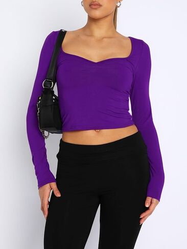 ForeFair Women's Sexy Long Sleeve Going Out Tops Pleated Bustier Shirt Cute Sweetheart Neck Y2K Cropped Top in Kuwait