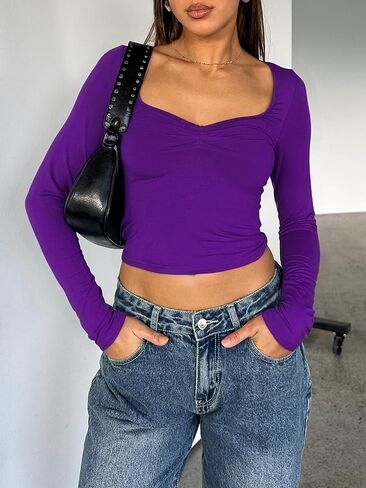 ForeFair Women's Sexy Long Sleeve Going Out Tops Pleated Bustier Shirt Cute Sweetheart Neck Y2K Cropped Top in Kuwait