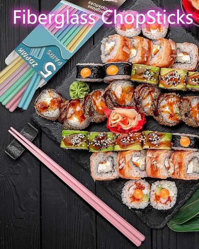 مجموعة 5 أزواج من أعواد الأكل الملونة المصنوعة من الألياف الزجاجية القابلة لإعادة الاستخدام، آمنة للاستخدام في غسالة الأطباق، مقاس 9.57 بوصة، تصميم ممتاز غير قابل للانزلاق مع حافظة - مثالية للمطبخ الياباني والكوري والصيني، هدية رائعة للحفلات in Kuwait