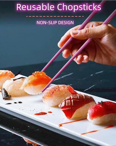 مجموعة 5 أزواج من أعواد الأكل الملونة المصنوعة من الألياف الزجاجية القابلة لإعادة الاستخدام، آمنة للاستخدام في غسالة الأطباق، مقاس 9.57 بوصة، تصميم ممتاز غير قابل للانزلاق مع حافظة - مثالية للمطبخ الياباني والكوري والصيني، هدية رائعة للحفلات in Kuwait