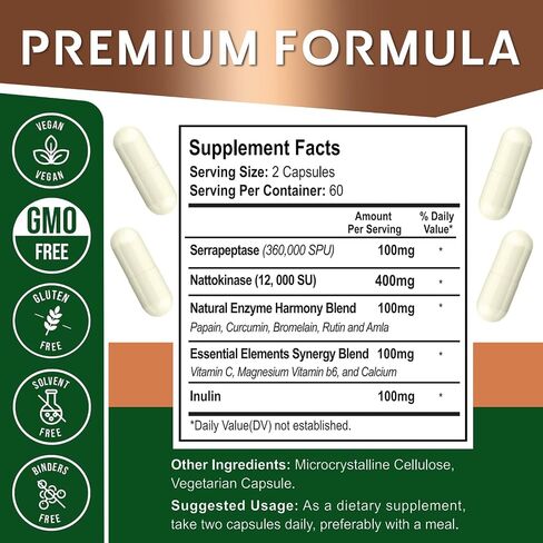 Liposomal Nattokinase 12,000 FU Serrapeptase 360,000 SPU Enzyme Supplement, Highest Potency Supplement for Circulatory, Gut, Digestion and Immune Health, 120 Capsules 2 Month Supply in Saudi Arabia