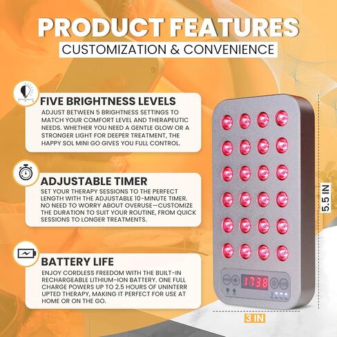 جهاز العلاج بالضوء الأحمر المحمول Happy Sol Mini Go، 24 مصباح LED، 5 مستويات سطوع، ترددات قابلة للتعديل، بطارية قابلة لإعادة الشحن، علاج بالضوء الأحمر والأشعة تحت الحمراء، علاج بالضوء أثناء التنقل in Kuwait