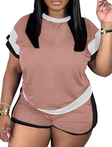 LovelyWholesale Women 2 Piece Outfits Color Block T Shirt with Shorts Set Summer Tracksuit in Saudi Arabia