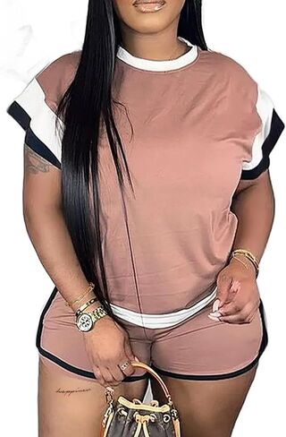 LovelyWholesale Women 2 Piece Outfits Color Block T Shirt with Shorts Set Summer Tracksuit in Saudi Arabia