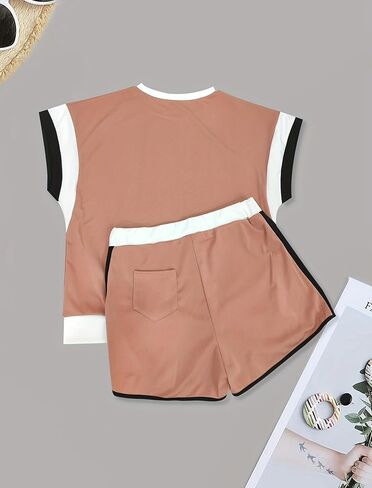 LovelyWholesale Women 2 Piece Outfits Color Block T Shirt with Shorts Set Summer Tracksuit in Saudi Arabia