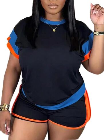 LovelyWholesale Women 2 Piece Outfits Color Block T Shirt with Shorts Set Summer Tracksuit in Saudi Arabia